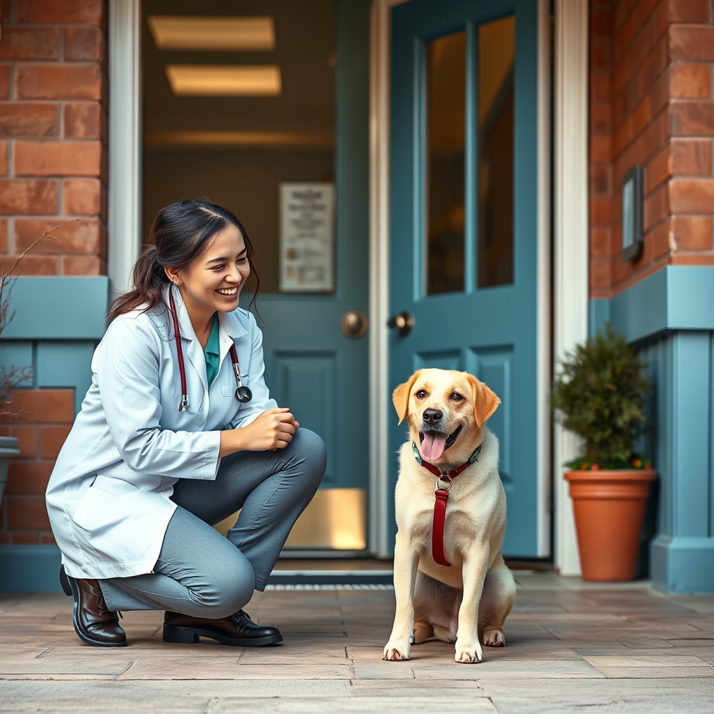 Veterinária recebendo tutor e cachorro na entrada da clínica