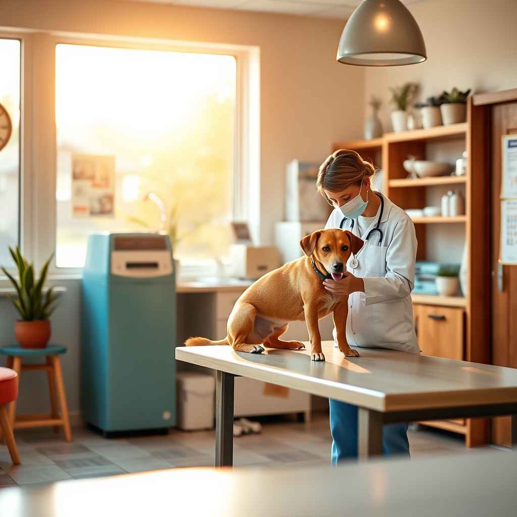 Veterinária examinando cachorro com carinho em consultório acolhedor da clínica